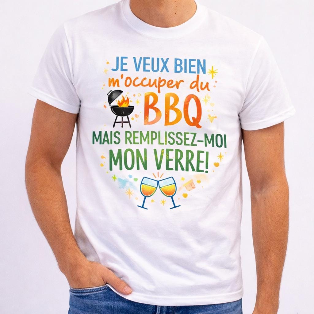 T-shirt humour homme – Barbecue & Apéro – “Je veux bien m’occuper du BBQ mais remplissez-moi mon verre” – Cadeau original fête des pères