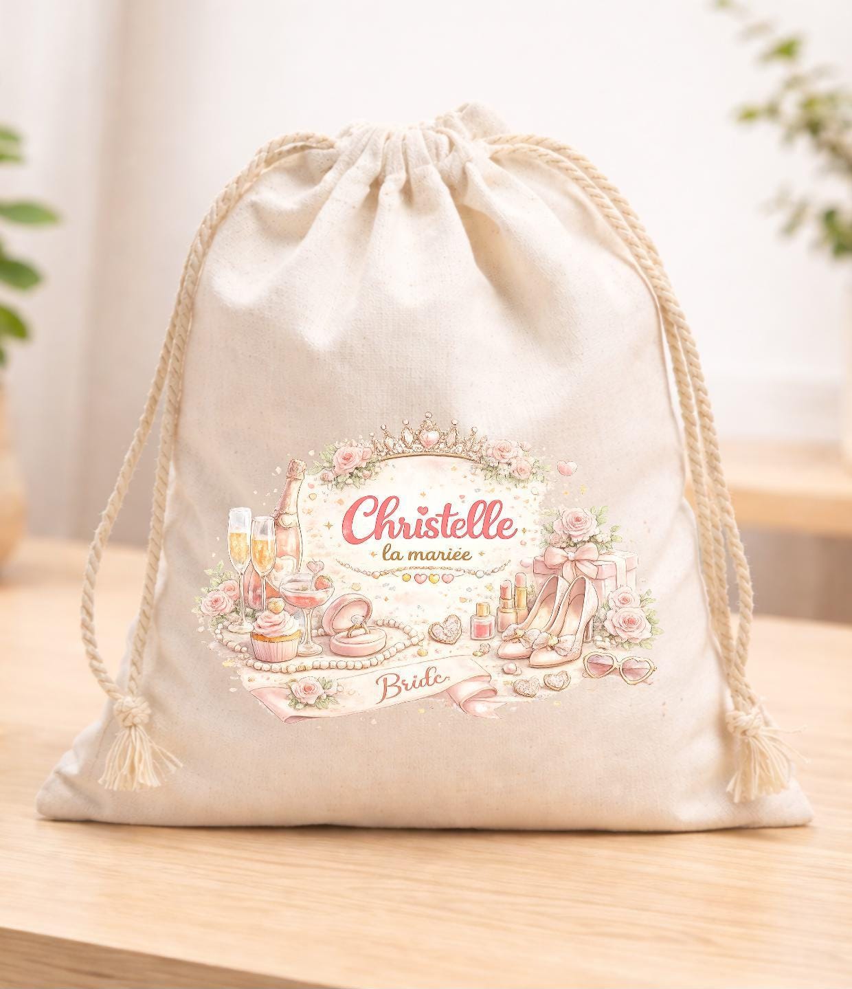 Sac pochon à cordon en tissu, sac à doudou, coton, personnalisé avec votre prénom, imprimé en DTF, haute qualité, EVJF demoiselle d'honneur