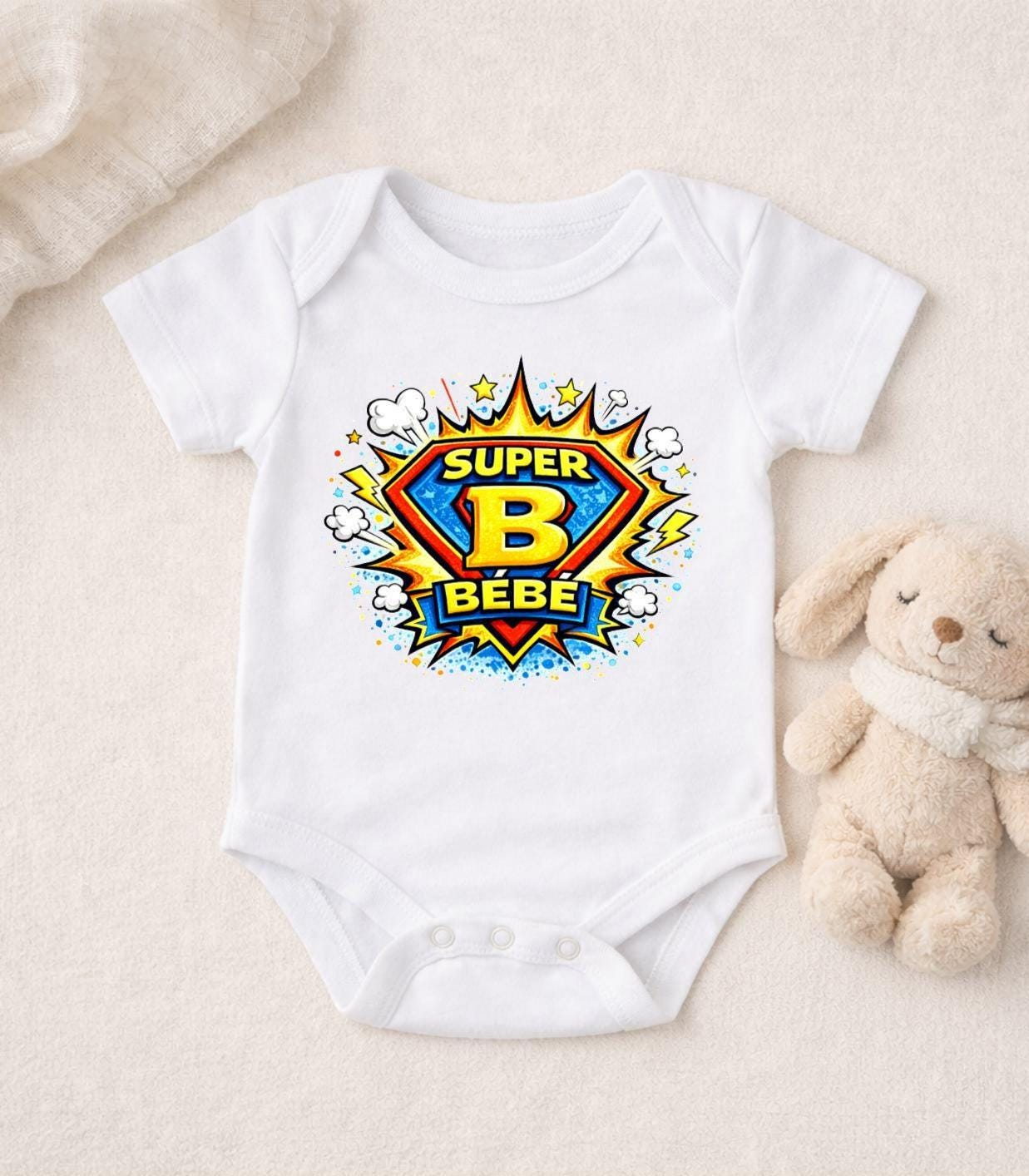 Super Bebe T-Shirt Adulte Enfant Body - Cadeau Original Annonce Famille Super Heros BD Comics Superman Spiderman