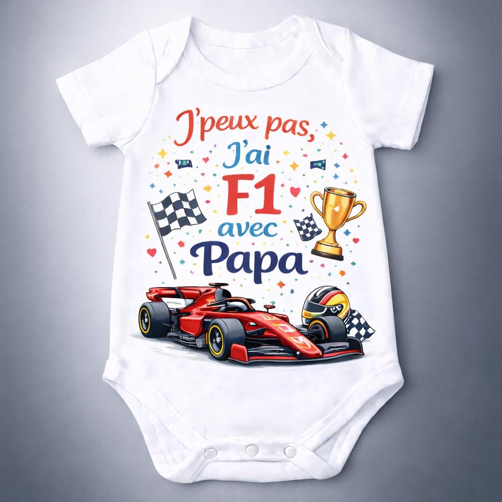 Body bébé F1 – J’peux pas j’ai F1 avec Papa – Ferrari / McLaren / Red Bull – Body humour bébé – Cadeau naissance original – DTF couleur