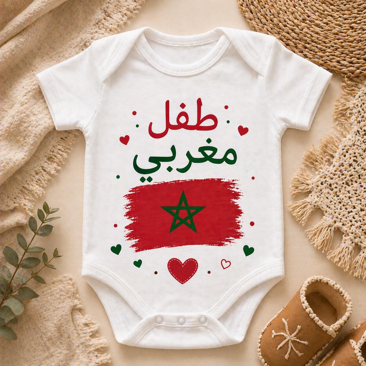 Body personnalisé bébé marocain avec drapeau | Body naissance personnalisé | Cadeau bébé original | Tunisie Algérie Maroc Espagne Portugal