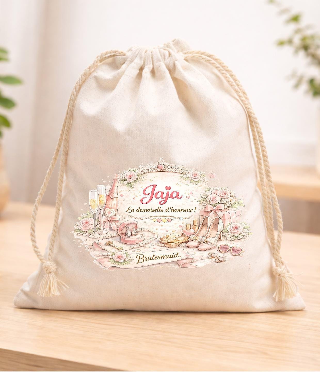 Sac pochon à cordon en tissu, coton, personnalisé avec votre prénom, imprimé en DTF, haute qualité, EVJF demoiselle d'honneur