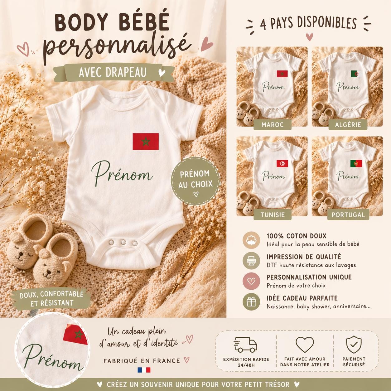 Body bébé personnalisé prénom avec drapeau | Body naissance personnalisé | Cadeau bébé original | Tunisie Algérie Maroc Espagne Portugal