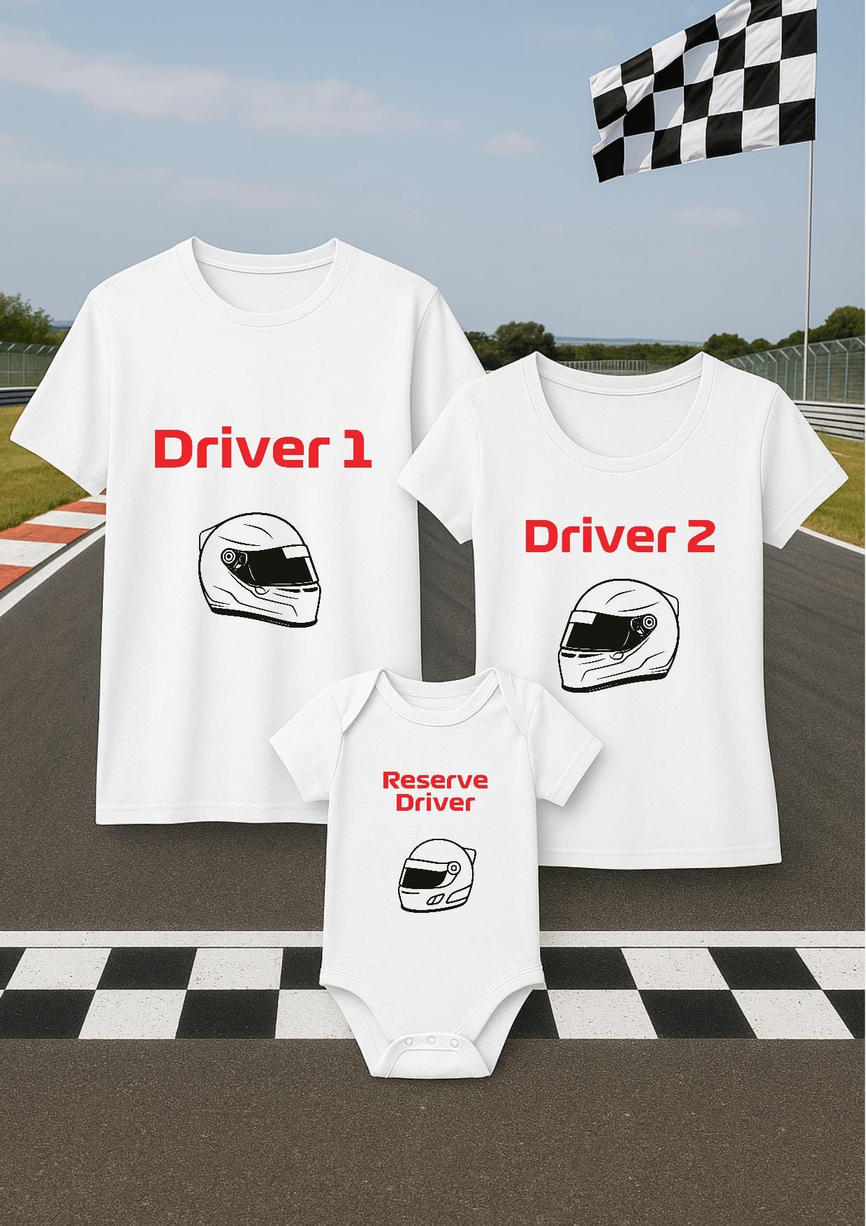 Tshirt adulte homme et femme et body bébé assorti, lot tshirt et body Formule 1, F1, pilote 1, 2, 3, casque de f1, F1 helmet, Ferrari