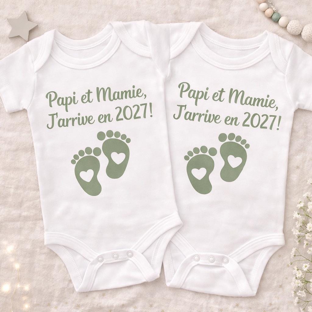 Lot de 2 bodies bébé annonce grossesse, Papi Mamie j’arrive en 2027, body jumeaux ou duo, idée annonce famille originale