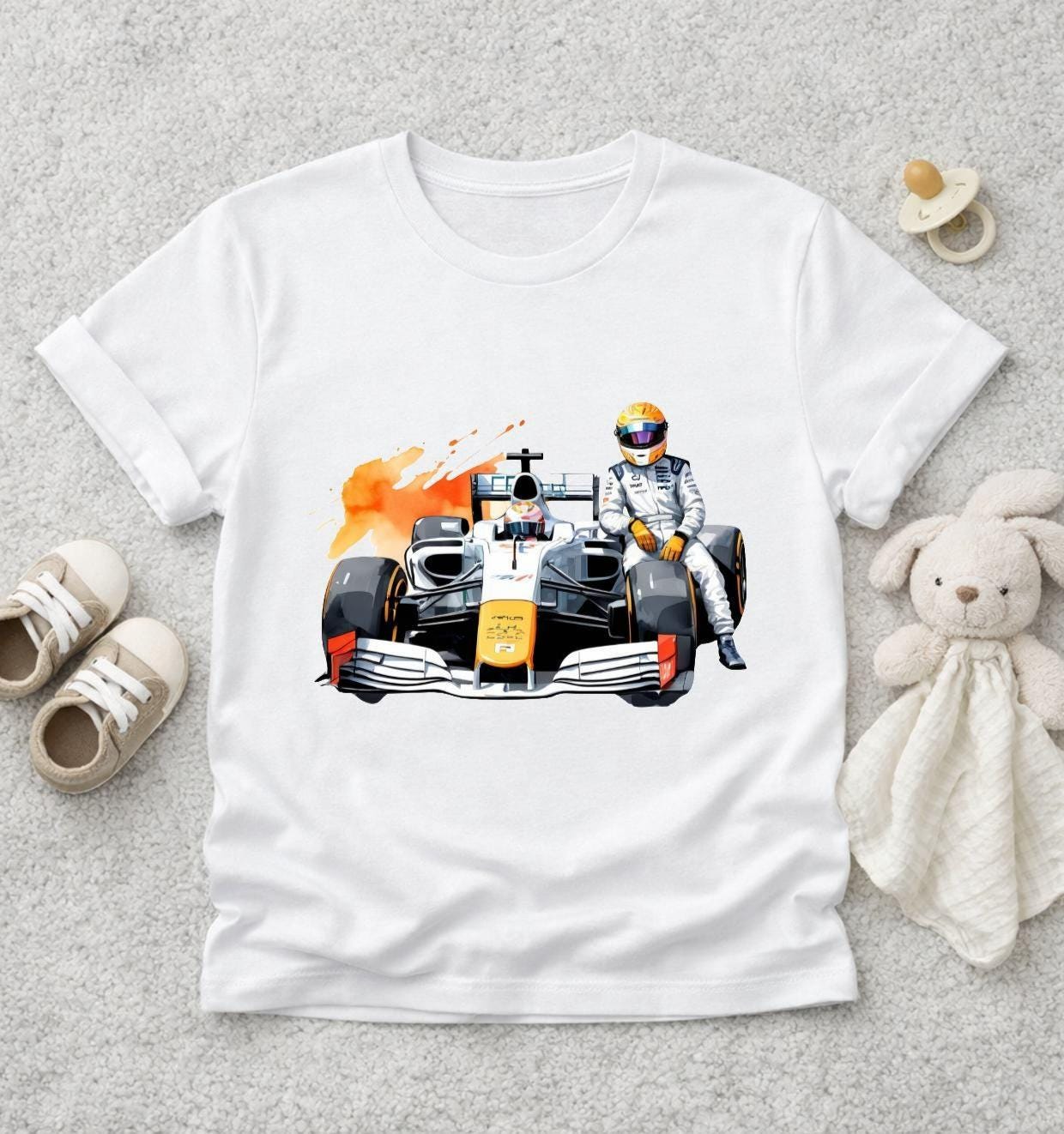 T-shirt adulte F1, enfant ou body bébé – Cadeau original DTF  – Formule 1, F1, impression sur tshirt, assis sur la F1 comme Senna
