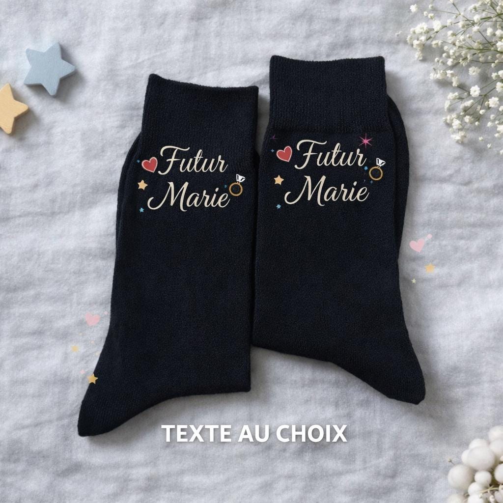 Paire de chaussettes noires personnalisées – Message humoristique au choix – Cadeau fun & stylé - mariage EVG EVJF Anniversaire