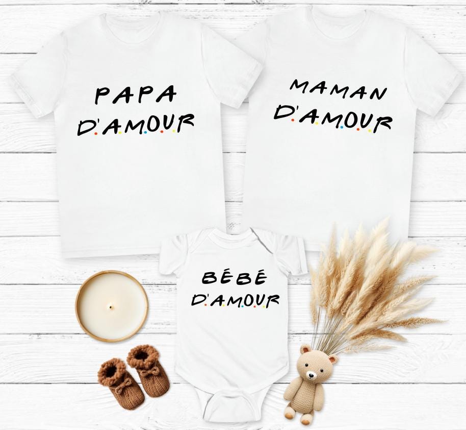 Tshirts assortis pour toute la famille body bébé Papa Maman Friends, marraine, filleule, filleul, annonce de grossesse