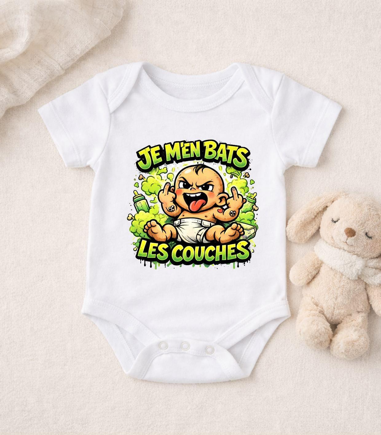 Body bébé, body personnalisé, annonce naissance, humour, je m'en bats les couches, cadeau naissance, cadeau bébé, body flocké