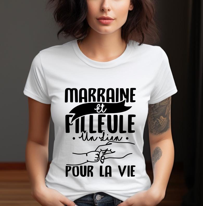 T-shirt Femme Marraine Filleule Assorti Annonce Grossesse Humour Cadeau Naissance Baby Shower Rigolo Message Flocage