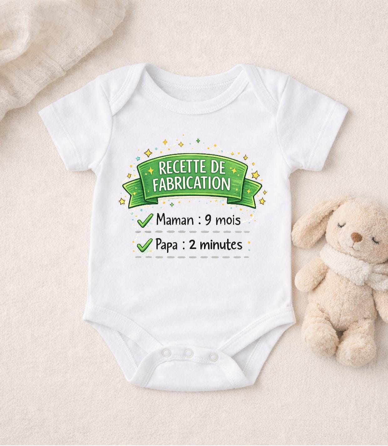 Body bébé humour – Secret de fabrication – 9 mois Maman 2 minutes Papa – Cadeau naissance original – DTF couleur – Baby shower – Gravejoli