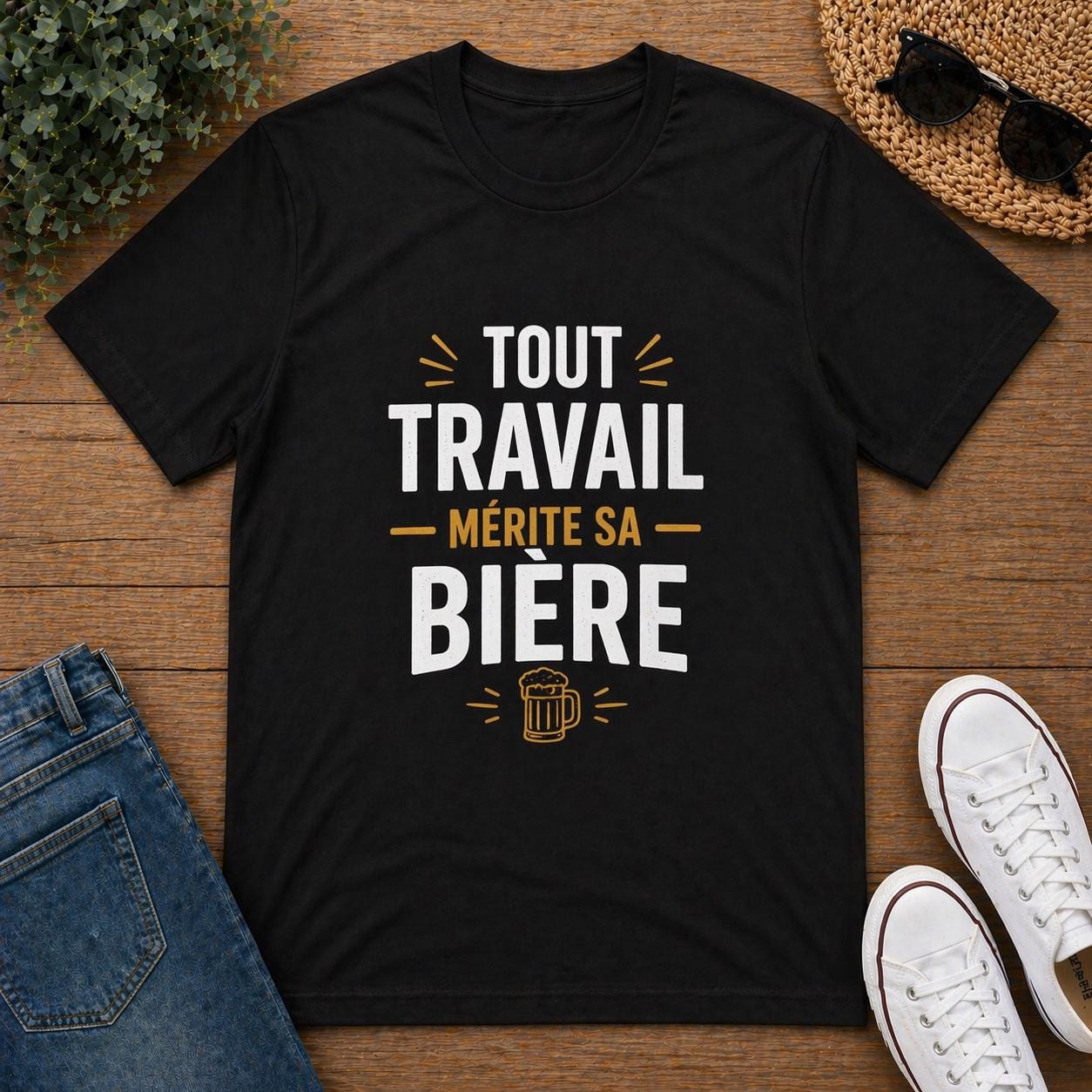 T-shirt humour apéro – Tout travail mérite sa bière – Tee shirt beauf drôle – Cadeau homme humour alcool - Carnaval Dunkerque - marrant