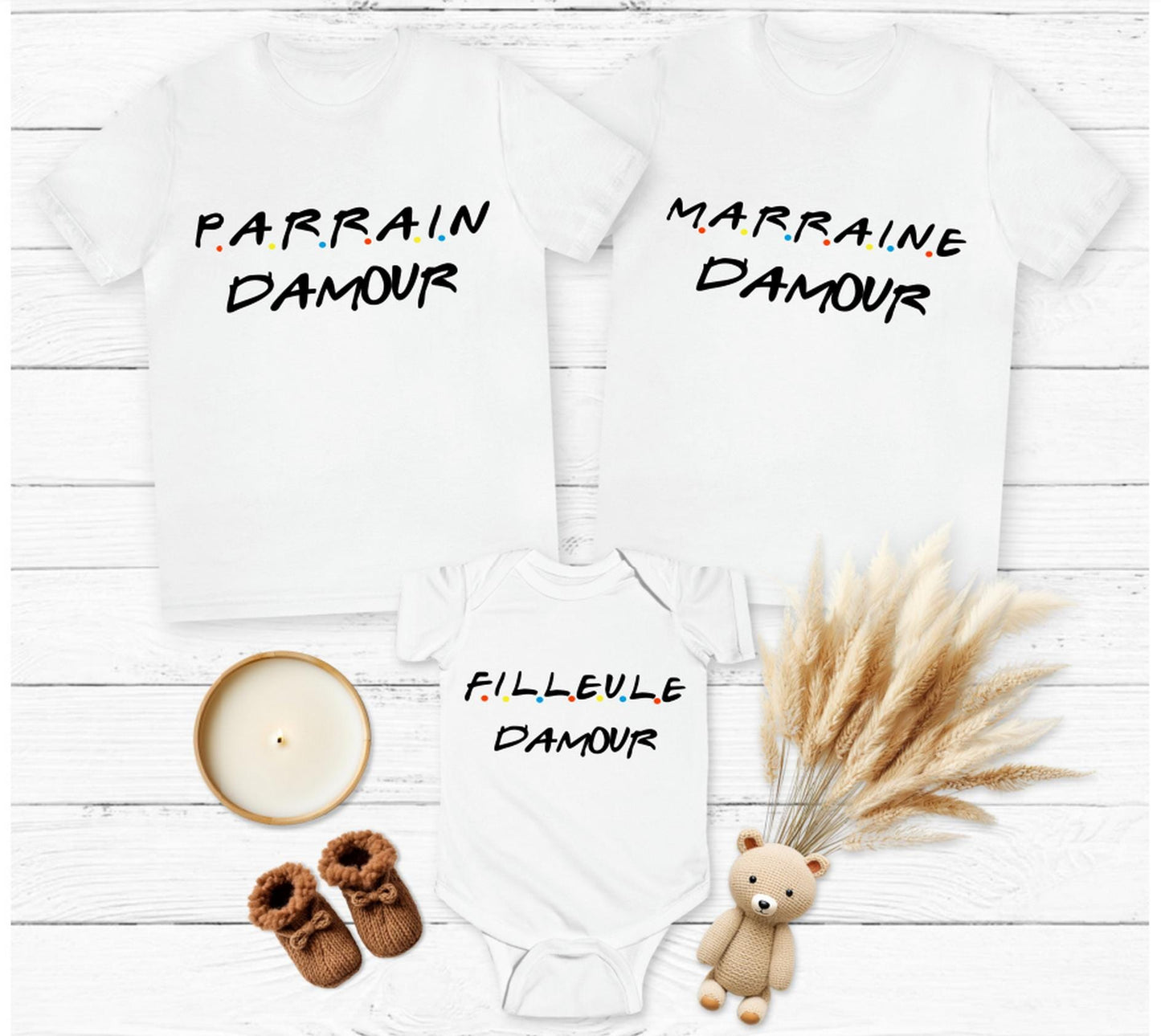 Tshirt assortis homme femme ou body bébé Papa Maman Friends, marraine, filleule, filleul, t-shirt vêtements assortis, annonce de grossesse
