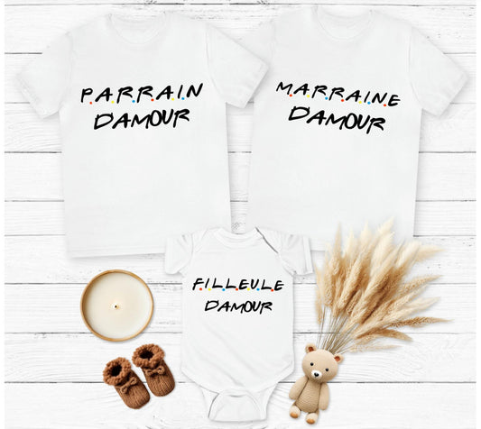 Tshirt assortis homme femme ou body bébé Papa Maman Friends, marraine, filleule, filleul, t-shirt vêtements assortis, annonce de grossesse
