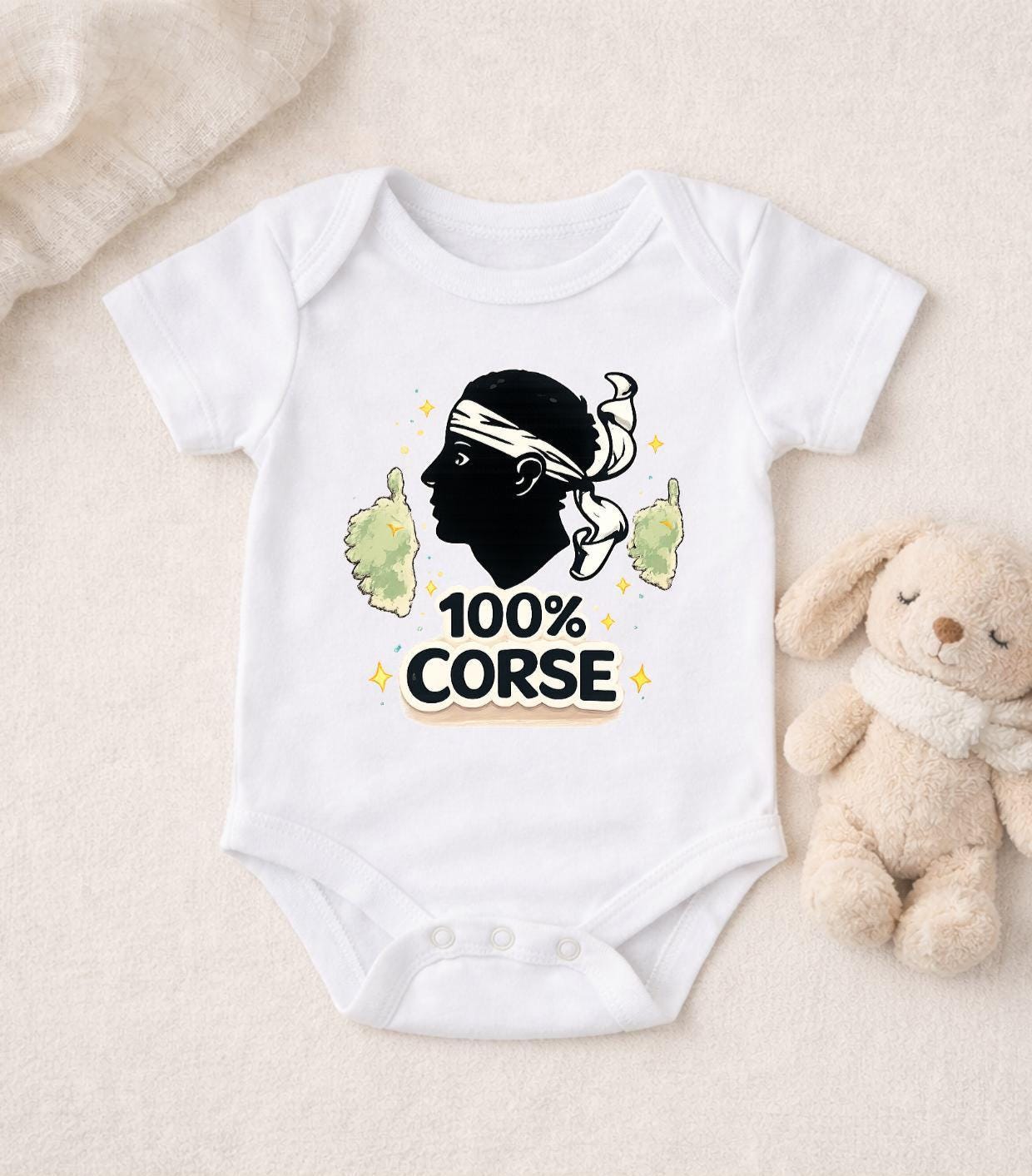 Body bébé 100% CORSE – Tête de Maure – Cadeau naissance Corse – Fiers d’être Corses – Body bébé insulaire original