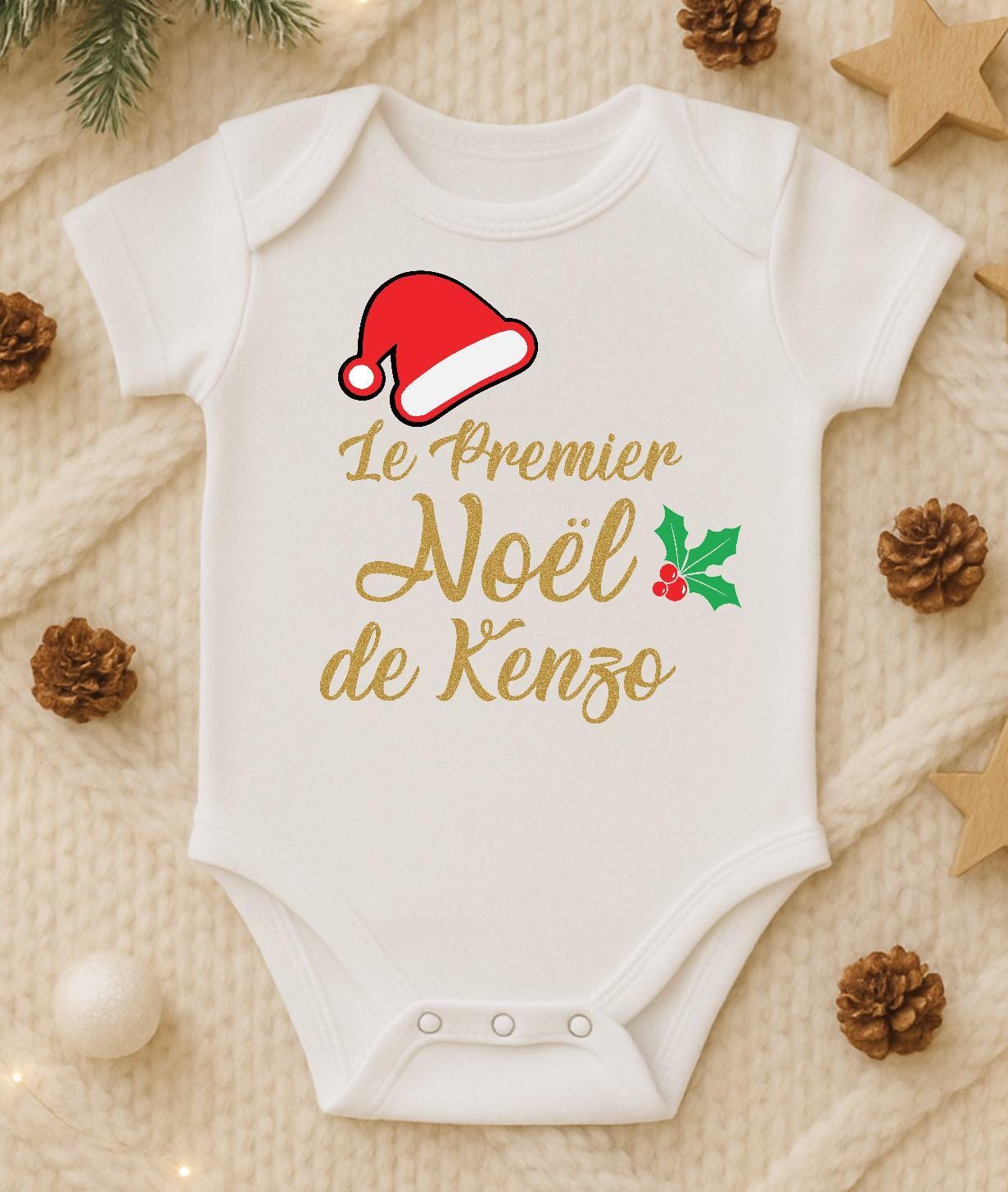 Body bébé personnalisé "Le premier Noël de Prénom" – avec prénom personnalisé premier noël de bébé, Cadeau naissance tendre & mignon
