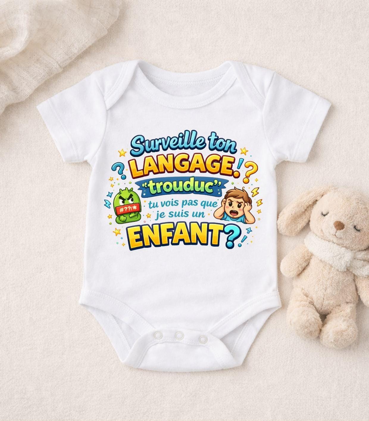 Body bébé humour – Surveille ton langage trouduc – T-shirt enfant drôle – Cadeau naissance insolent – Humour noir bébé