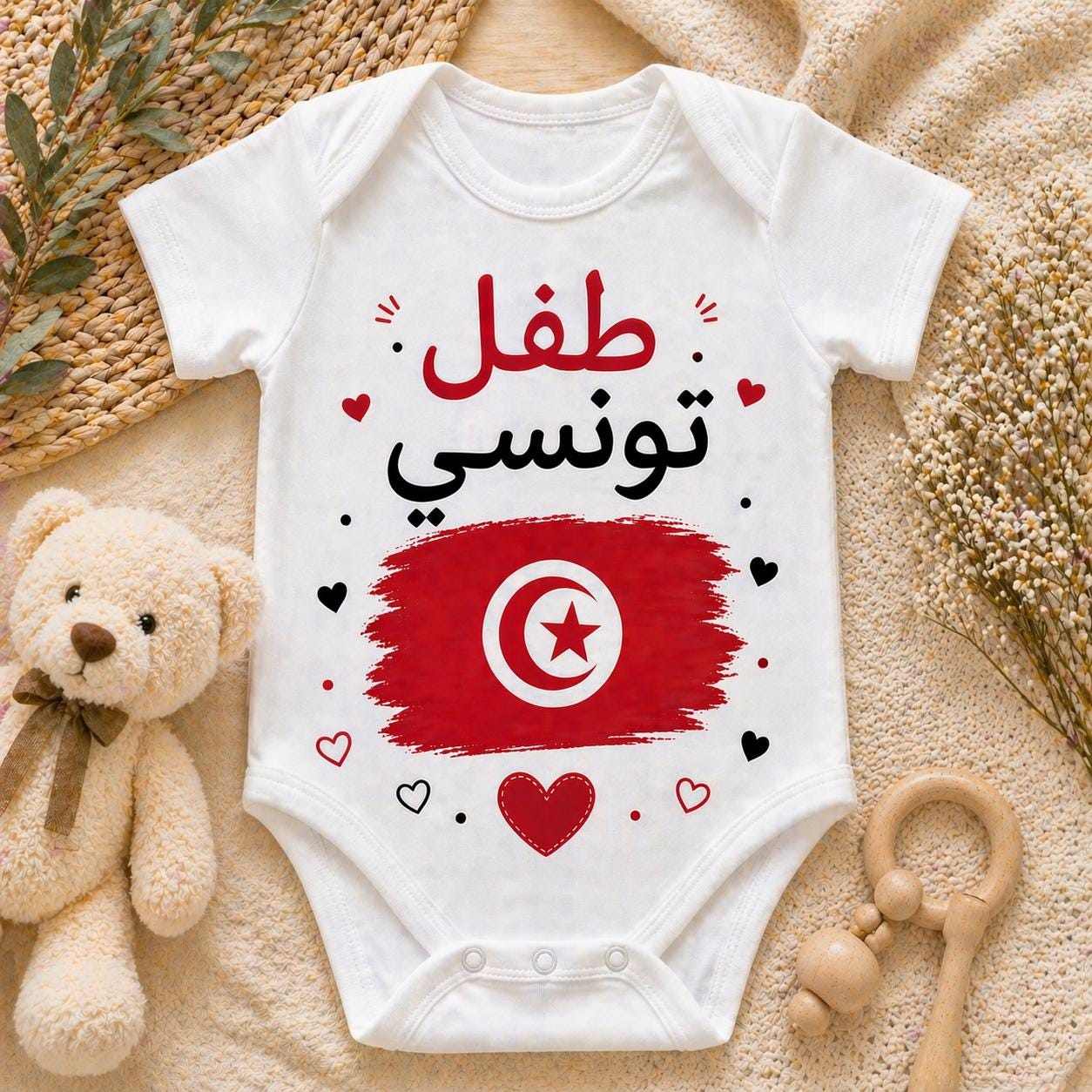 Body personnalisé bébé tunisien avec drapeau | Body naissance personnalisé | Cadeau bébé original | Tunisie Algérie Maroc Espagne Portugal