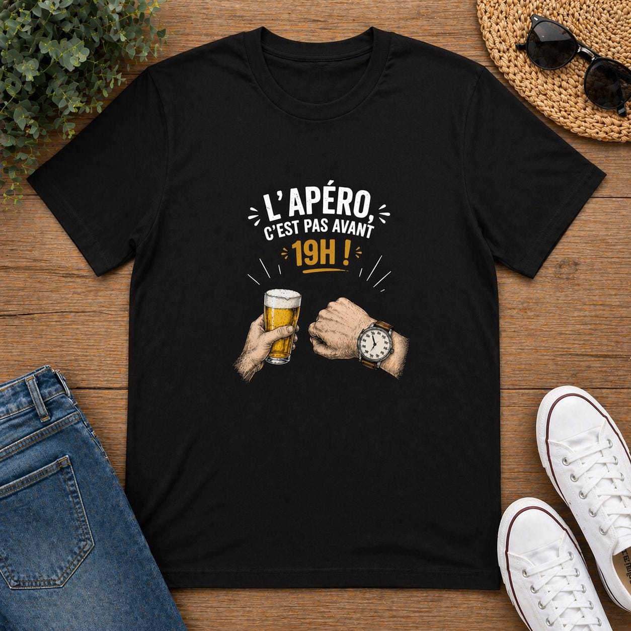 T-shirt humour apéro – L'apéro, c'est pas avant 19h – Tee shirt beauf drôle – Cadeau homme humour alcool - Carnaval Dunkerque - marrant