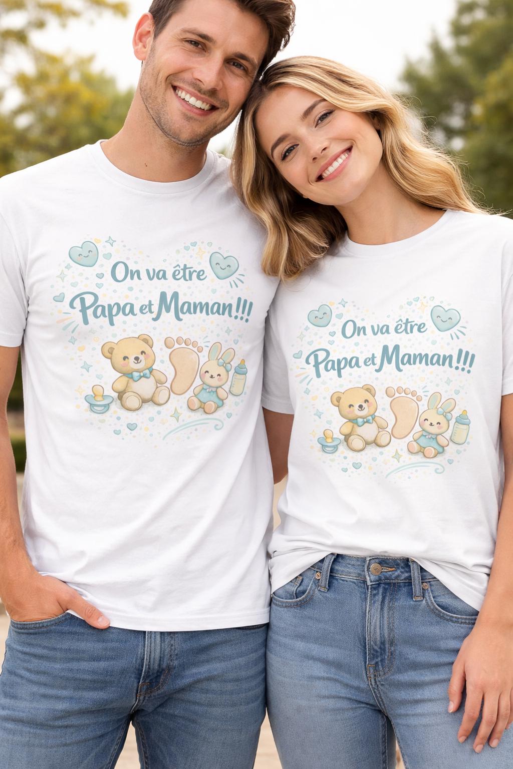T-shirt annonce de grossesse. On va être papa et maman, couple futurs parents, annonce à la famille. unisexe