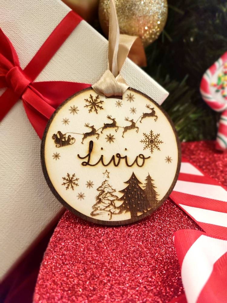 Ornement sapin de Noël en bois, gravure au laser, déco de Noël personnalisée avec prénom, arbre de Noël, boule de noël, décoration fêtes
