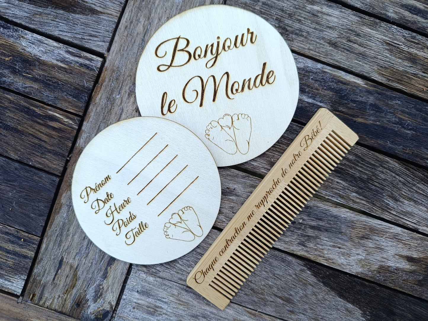 Lot de Peigne d'accouchement sans douleur gravé avec mantra sans péridurale et deux cartes d'étapes de bébé naissance et poids taille prénom