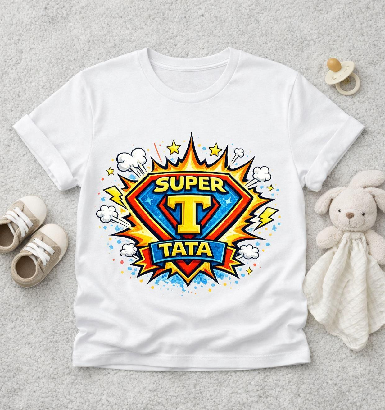 Super Tata – T-shirt adulte – Cadeau original DTF  – Annonce famille super héros - BD Comics Superman Spiderman