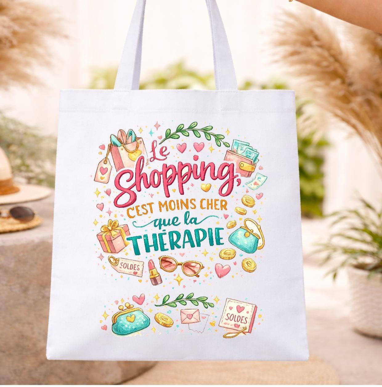 Tote bag en coton blanc, sac à shopping, coton, le shopping est moins cher que la thérapie, haute qualité